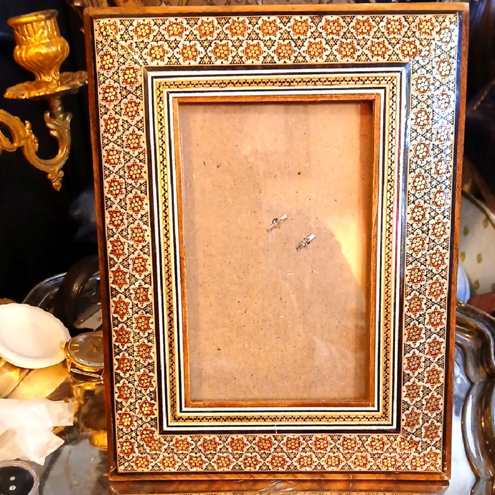 Intricate Brown and Gold Persian Khatam Photo Frame